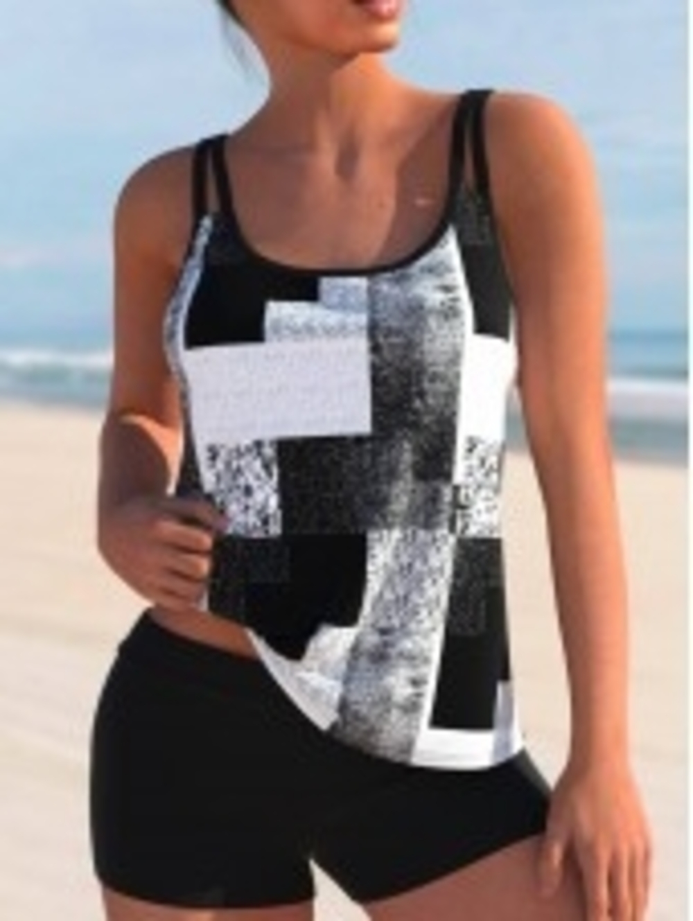 MODLILY Black & White Geometric Print Women's Tankini